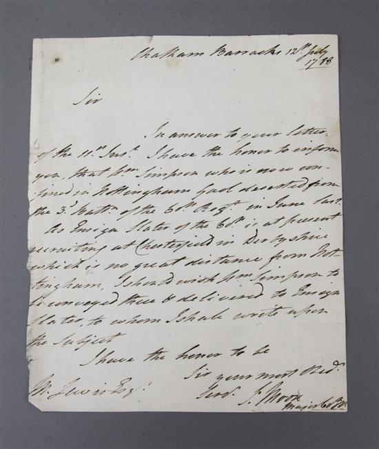 Lieut. General Sir John Moore (1761-1809), signed letter dated 12th July 1788,